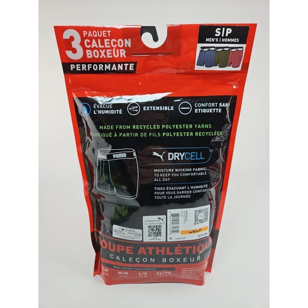 Puma Men's 3 Pack Athletic Fit Boxer Briefs Size S 28-30